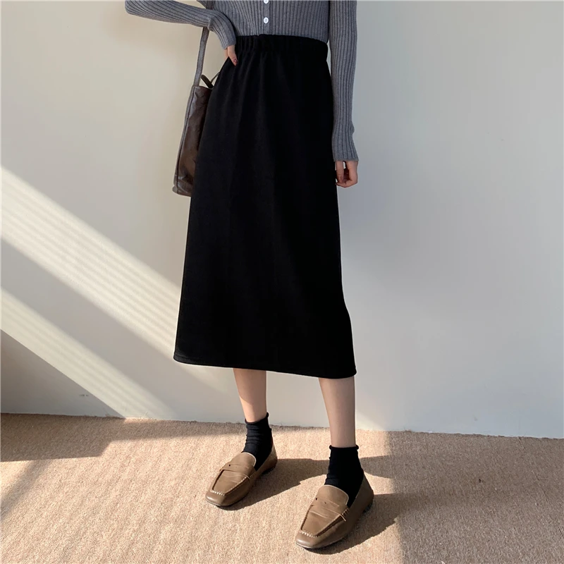 2022 Women New Winter Casual Fashion Vintage Corduroy Midi Skirt Elastic High Waist Solid Korean Daily Autumn Straight Skirt