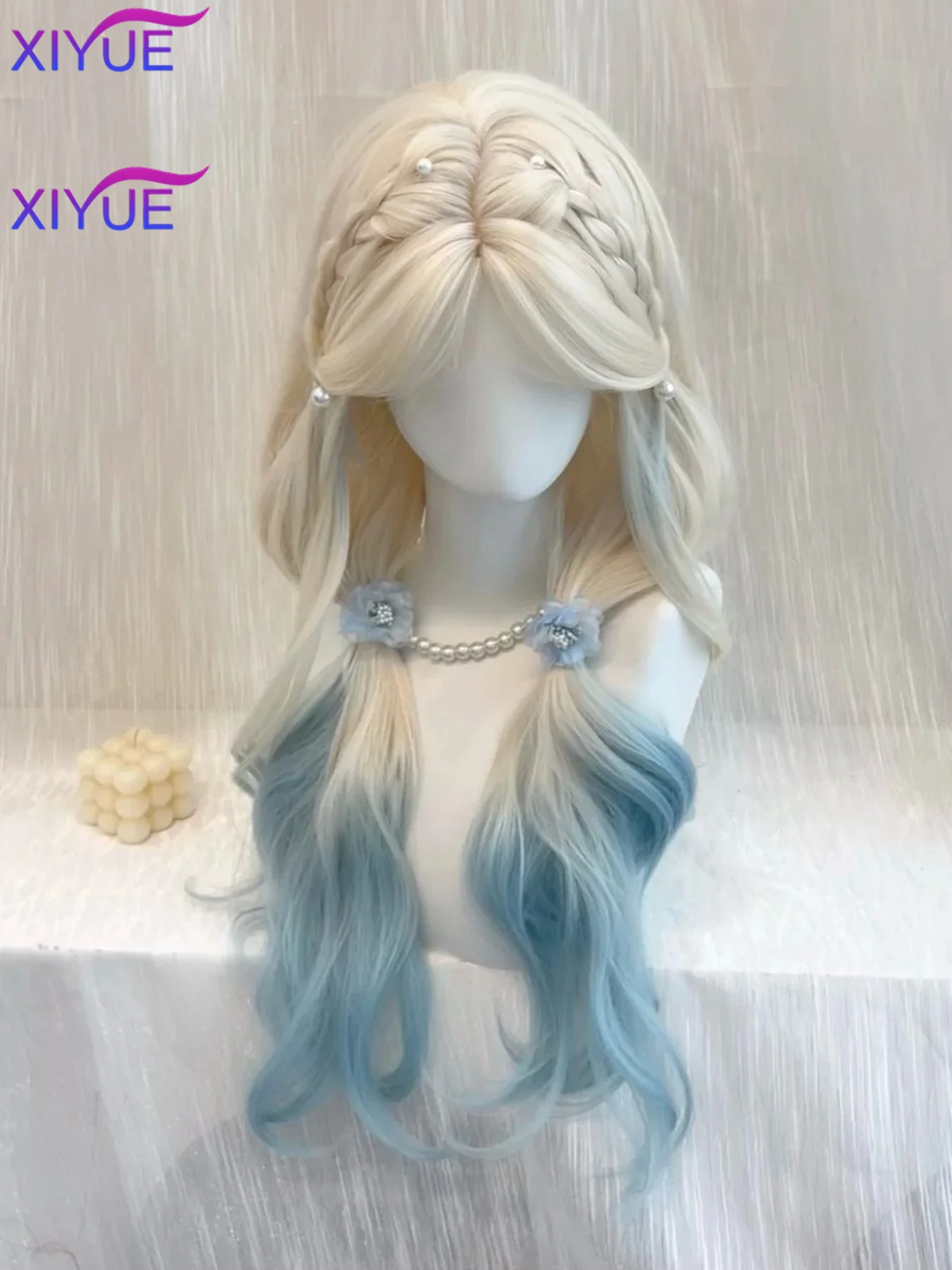 Long Wavy powder Blonde Synthetic Wigs with Bangs for Women Natural Wave Cosplay Party Daily Use Hair Wigs Heat Resistant