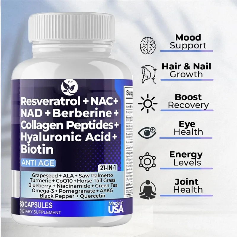 Nad+ Resveratrol Supplements Collagen Supplements Resveratrol Nad Aspartate Hyaluronic Acid Grape And Blueberry Collagen Peptides Hair Nail Skin And Joint Supplements Capsules
