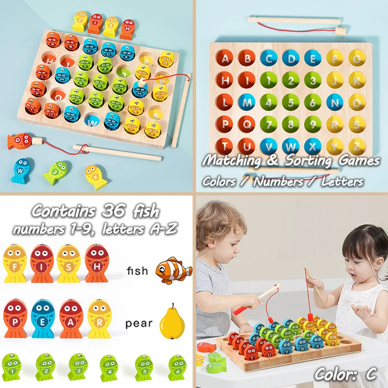 Kids Wooden Montessori Magnetic Fishing Toys Learning Alphanumeric Colors Matching Sorting Interactive Game Early Education Toys