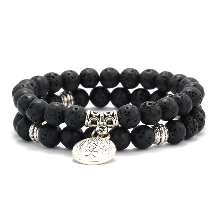 Men Lava Stone Tree Of Life Bracelet Set Yoga Meditation
