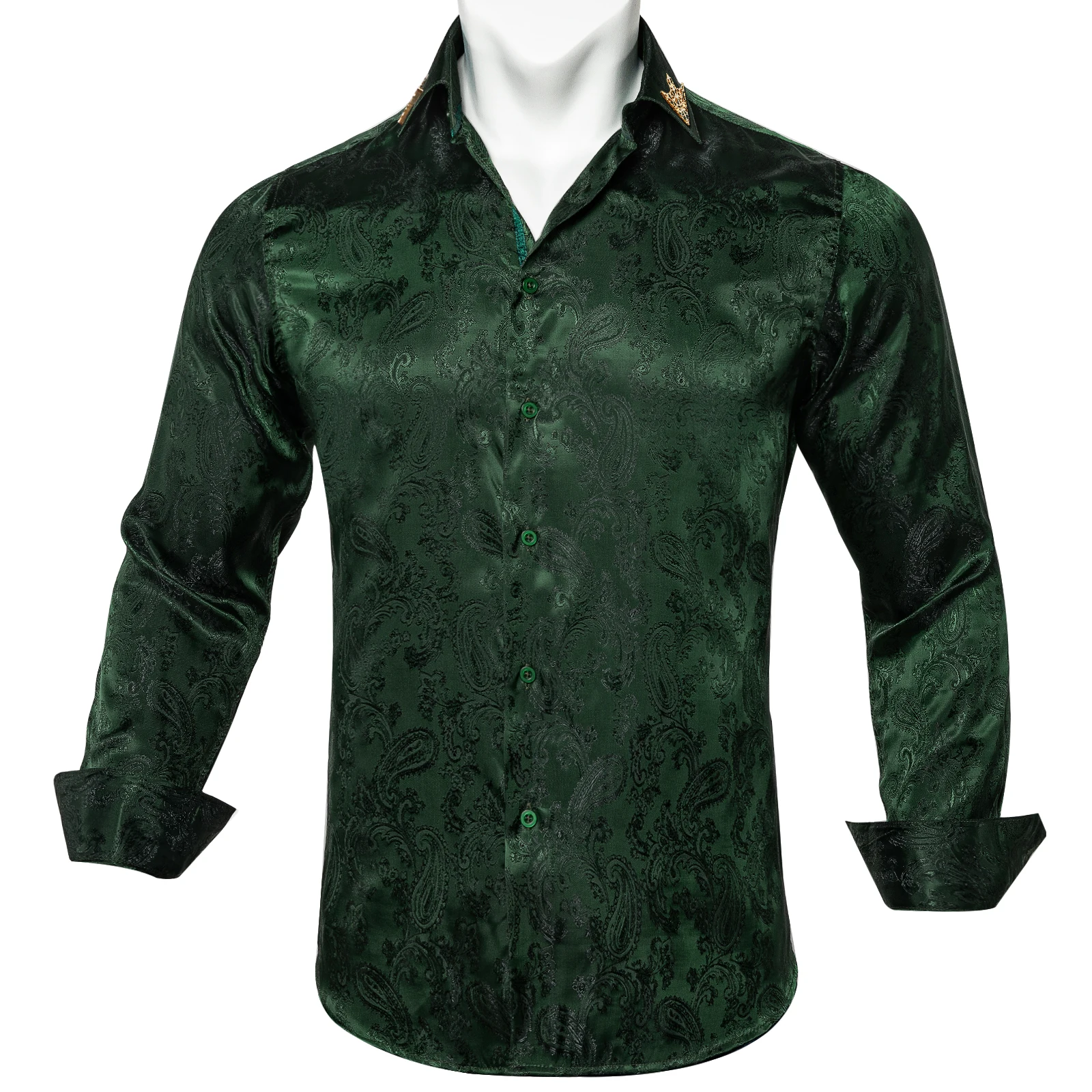 Green Party Shirts For Man Silk Wedding camisas de hombre Spring Autumn Paisley Solid Turn-down Collar Shirt Designer Men Cloth