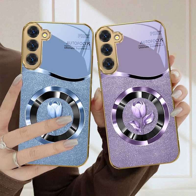 Golden Glass Phone Case with Exquisite Floral Design