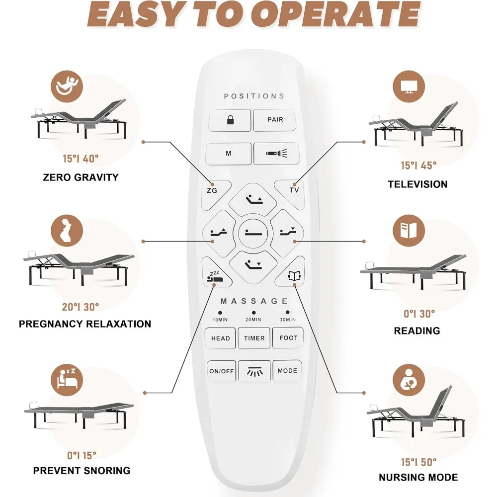 Adjustable Bed Frame Queen, Adjustable Bed Base with Massage, Zero Gravity Electric Bed with Wireless Remote, Head and Foot 6