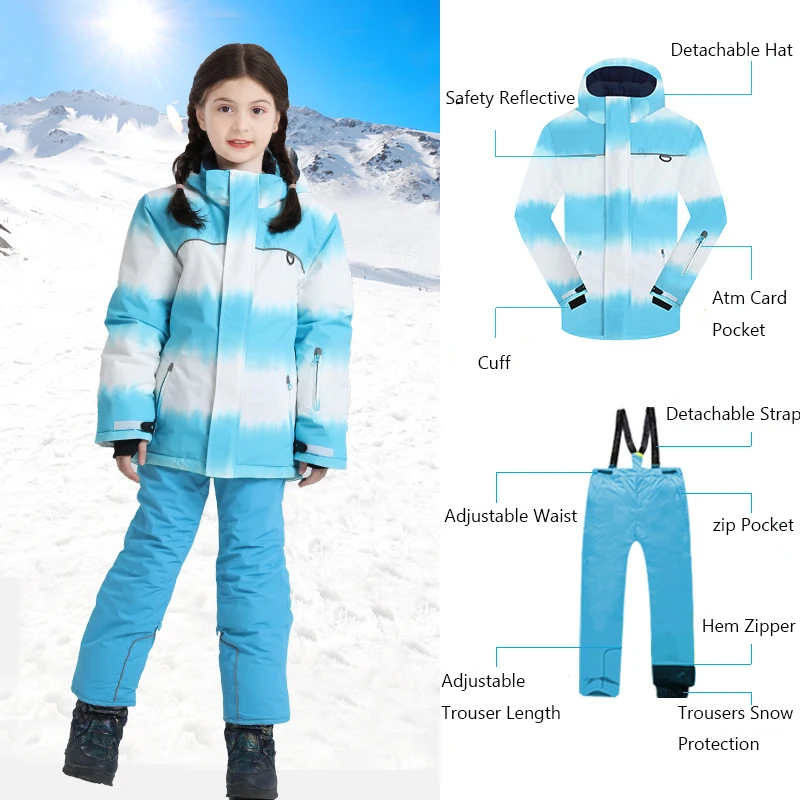 

New Children Ski Suit Girls Fleece Warm Snow Pants Windproof Waterproof Snowboard Jacket Winter Clothing Overalls Kids Ski Set
