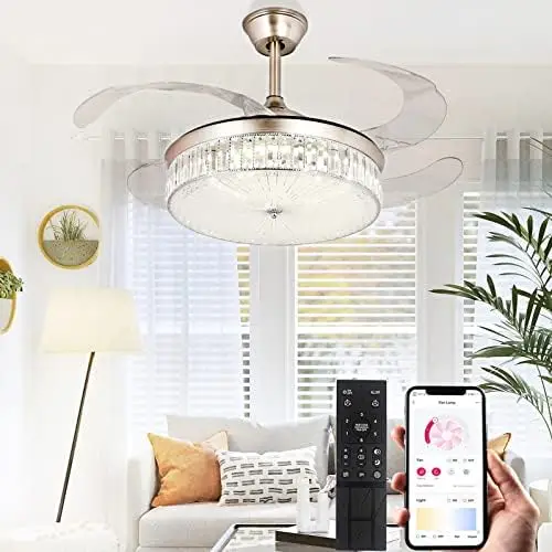 

Inch Crystal with Light,Modern Retractable Flush Mount Low Profile Bladeless Chandelier with Lights and Remote for Bedroom Liv