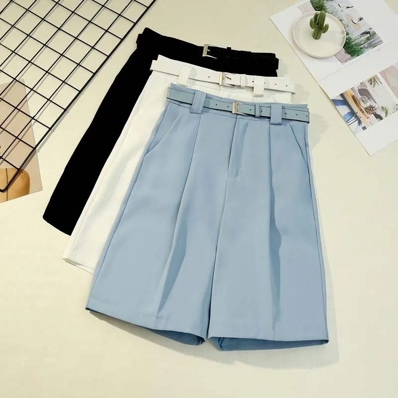 Suit Shorts Summer 2021 Women Casual Cargo Half Pants with Belt Wide Leg Pant Elegant Loose Trousers Pocket Capris