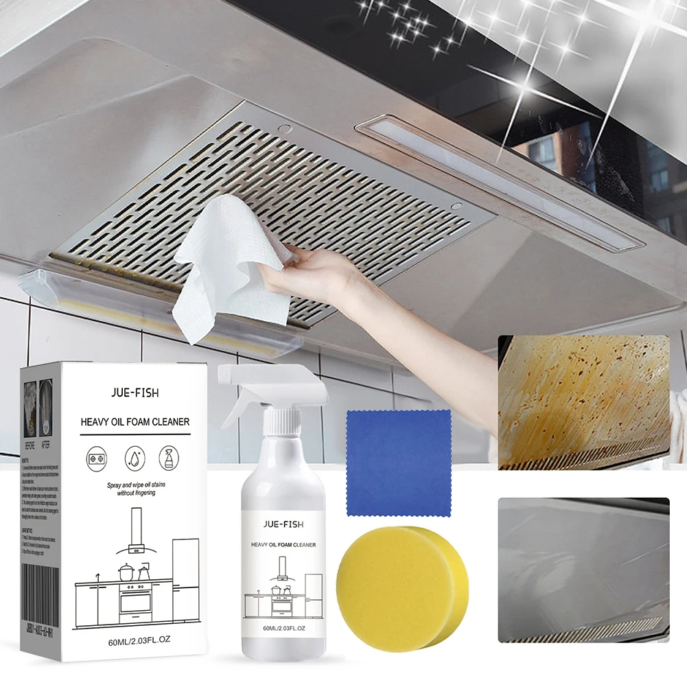 60ml Splash Foam Spray Multipurpose Heavy Oil Foam Cleaner with Sponge & Cloth Degreaser Spray for Kitchen Grills Ovens