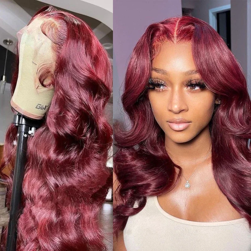 

2024 New 99j Burgundy Curly 13x6 180% Lace Frontal wigs Human Hair Body Wave 30 40Inch 13x4 Lace Front Wig Transparent For Women