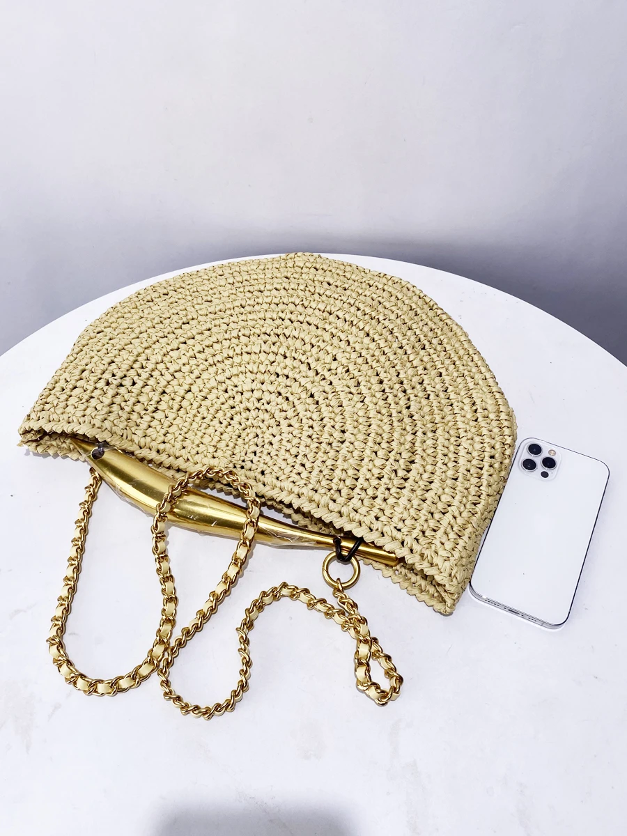 Classic Beach Straw Woven Bags For Women Luxury Designer Handbag Purse 2025 New In Sequined Handle Chain Strap Underarm Shoulder