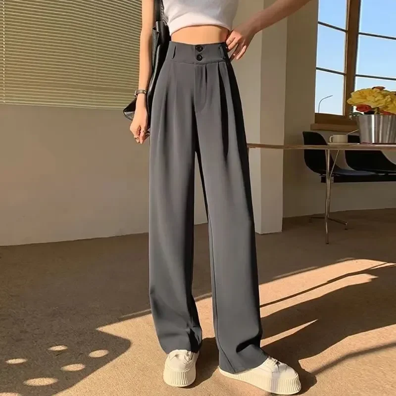 Elegant High Waist Baggy Straight Pants Korean Wide Leg Women Chic Long Trousers Autumn Fashion Buttons Casual Female Suit Pant