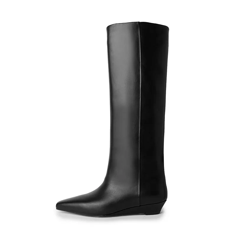 Arden Furtado Autumn fashion Cowhide Wedges riding black high boots square-head Low heel knee high boots wide calf Women's Boots