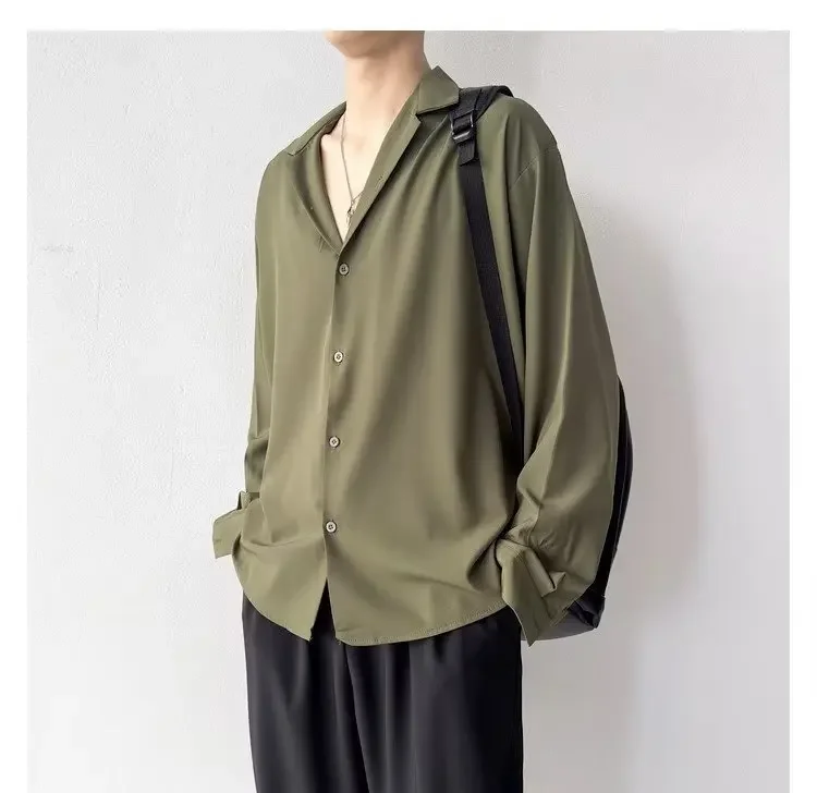 Koreanische Mode männer Hemd Frühling Sommer Neue Lose Beiläufige Lange ärmeln Revers High Street Männlichen Anzug Hemd Weiß schwarz Grau Grün – Detail 17