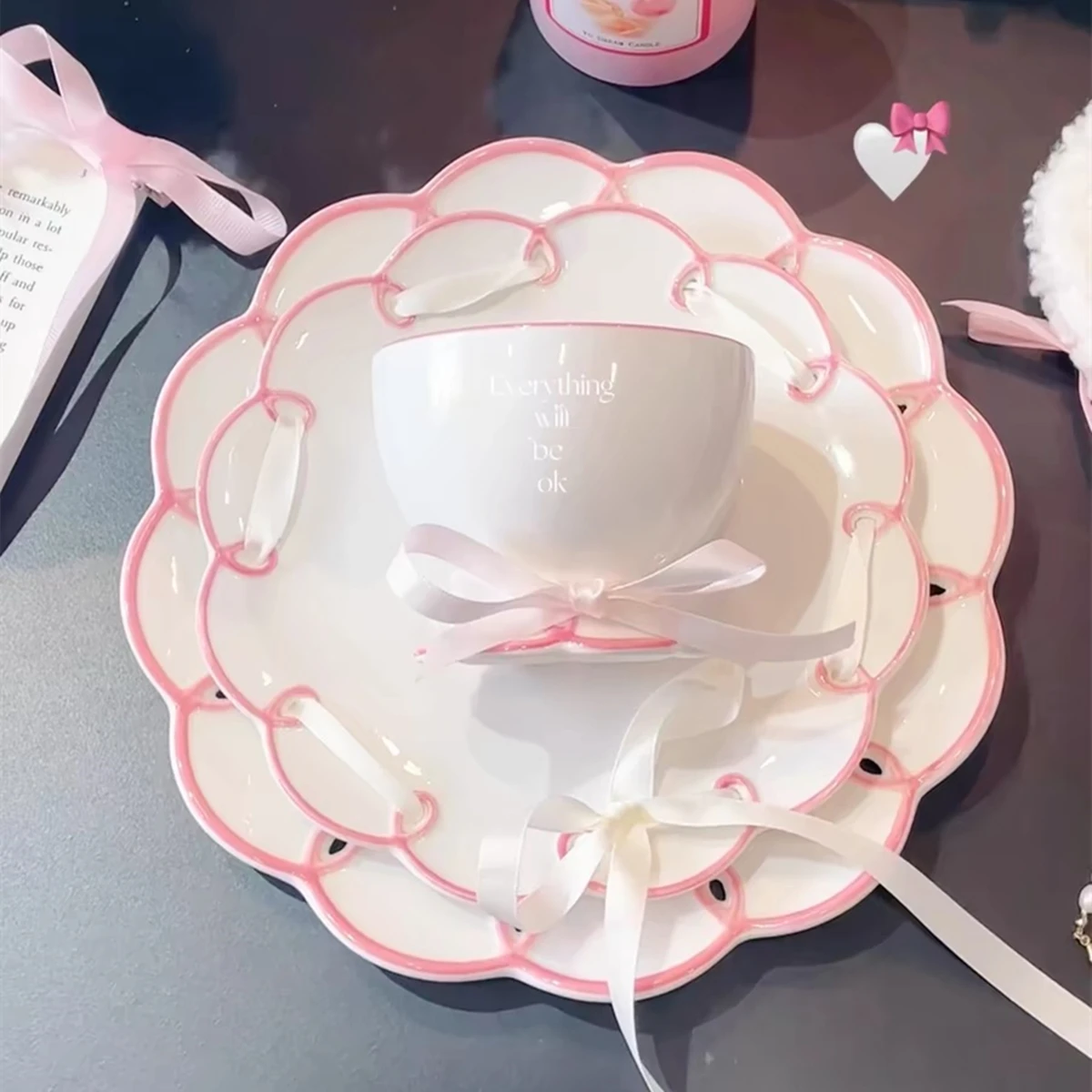 250ML Cute Pink Irregular Ceramic mug Flower Heart Pattern Coffee Cup Breakfast Milk tea cups Gift For Girls 2