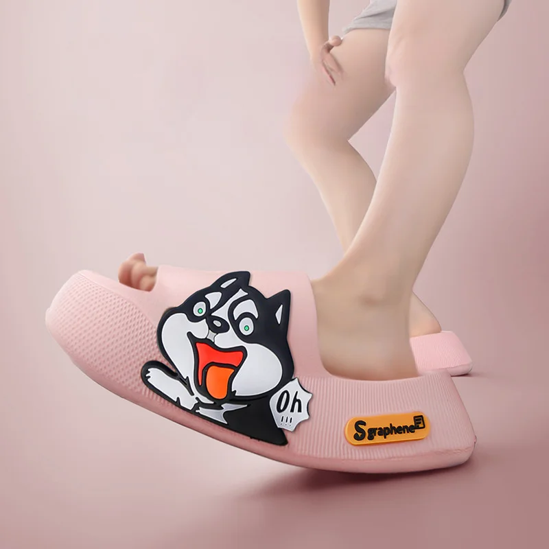 Cute Husky Dog Sticker Thick Sole Women Slippers Bathroom Beach Indoor Sandals Summer Puppy Slides Cool Men Sandalias Shoes