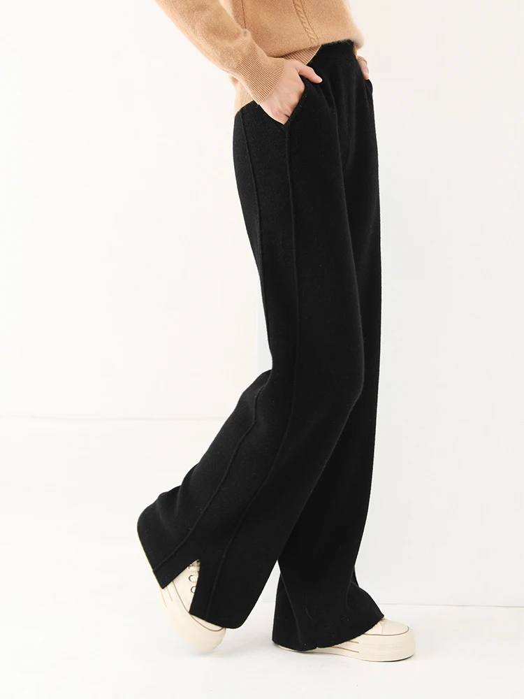 Women Wool Wide Leg Pants Threaded Elastic Waist Cashmere Trousers Autumn Winter 100% Merino Wool Knitted Soft Slit Design Pants