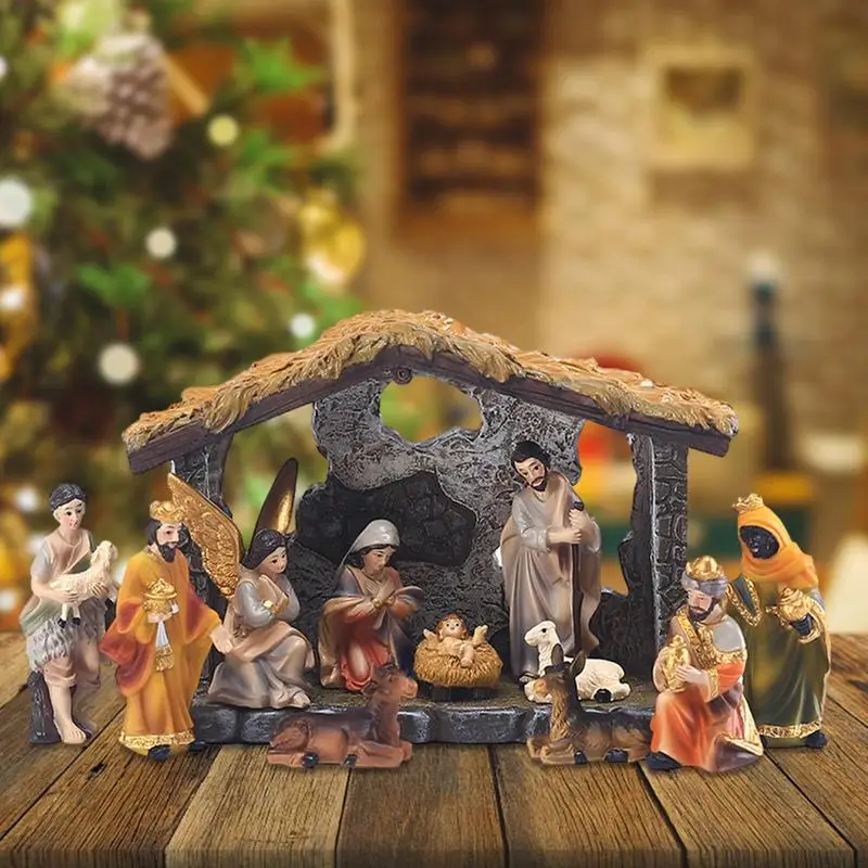 

Christmas Manger Nativity Set 12pcs Resin Hand painted Nativity Figurines Holy Family Crafts Statue Decor Home Room Decoration