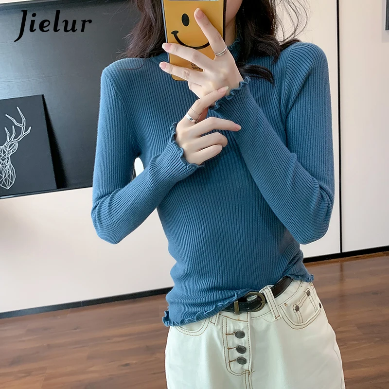 

Autumn Close-fitting Half-high Collar Sweater Women Thin Korean Style Blue Knitwear Slim Long Sleeve Top Female Sweaters