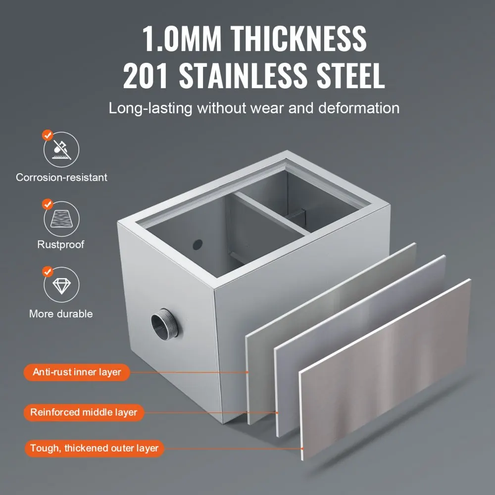 VEVOR Commercial Grease Trap Grease Interceptor Top Inlet Interceptor Under Sink Stainless Steel Grease Trap Waste Water Oil-wat 3