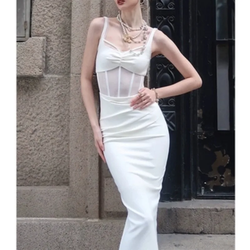 

Женское вечернее платье без рукавов, белое ажурное элегантное облегающее платье с высокой талией, лето 2019