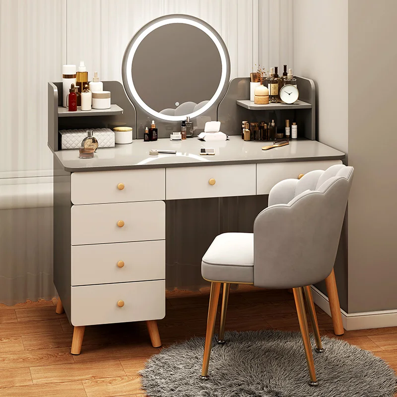 Penteadeira-Table de Toilette Multifonctionnelle avec Miroirs, Chaise, Boîte, Commodes, Meubles de Chambre à Coucher Confortables