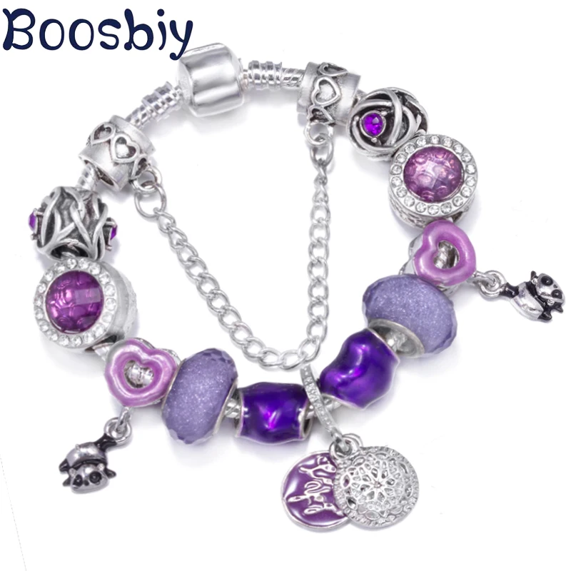 

Purple Heart & Cute Pandas Charms Beads With Love Pendants DIY Brand Fashion Jewelry Bracelet For Women Making Gift