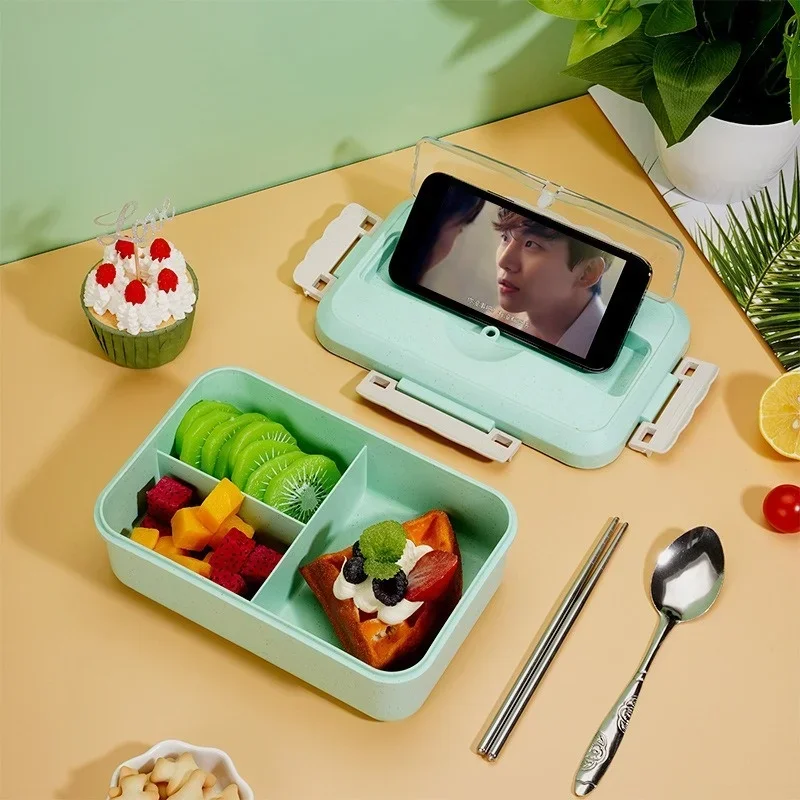Microwavable Plastic Lunch Box with Spoon and Chopsticks for Kids and Office