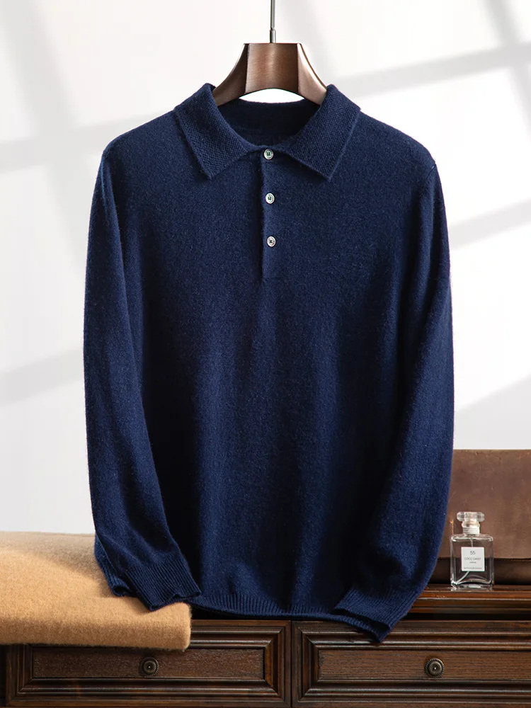 Men Cashmere Sweater Pullovers Autumn Winter Polo Collar Smart Casual Warm Knitted Soft 100% Cashmere Long Sleeve Clothing Tops 4