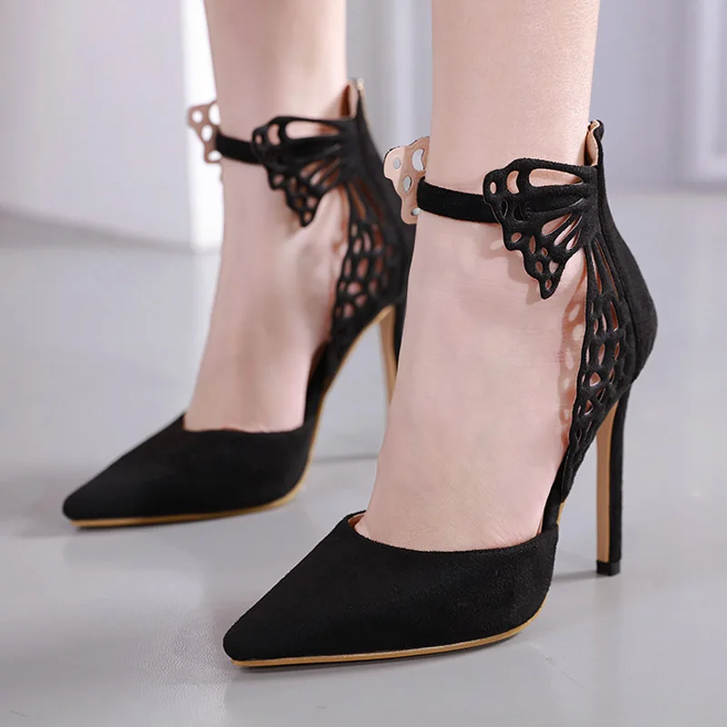 

2023 Summer Pumps Women Sexy Thin High Heels Flock Pointed Toe Zip Butterfly-knot Ladies Party Dress Club Womans Sandals Shoes
