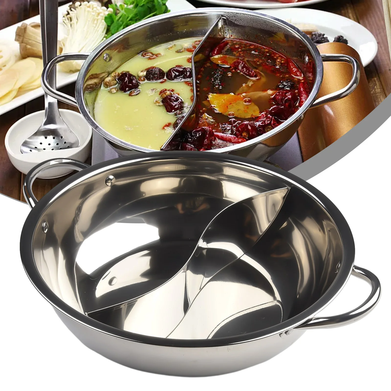 28/30Cm Roestvrij Staal Twin Verdeeld Dubbele Pot Hotpot Cooker Gasfornuis Compatibele Pot Thuis Keuken Kookgerei Soep Kookpot