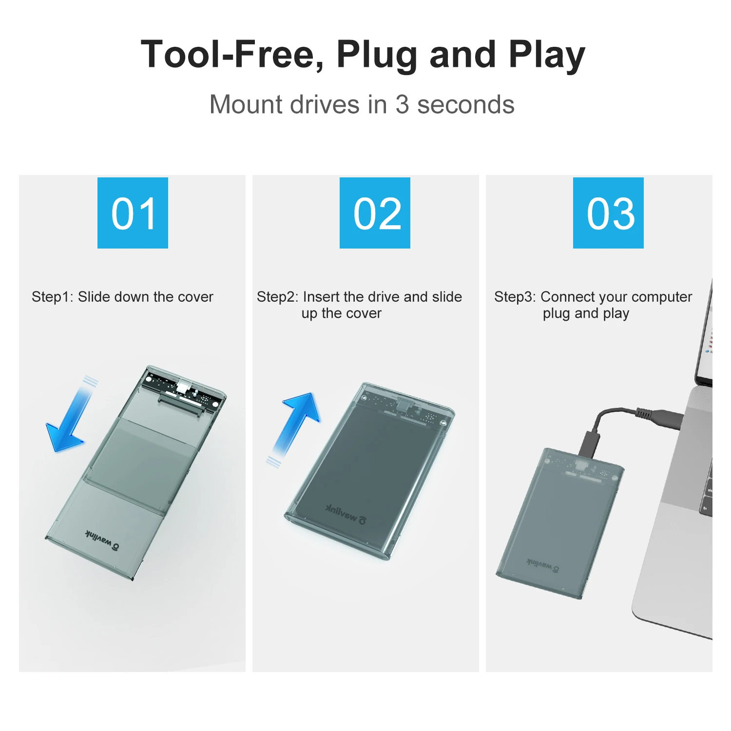 Wavlink 외장 하드 드라이브 인클로저, USB3.0 에서 SATA III, 7mm, 9.5mm, 2.5 인치 HDD, SSD, 지지대 최대 4TB, UASP