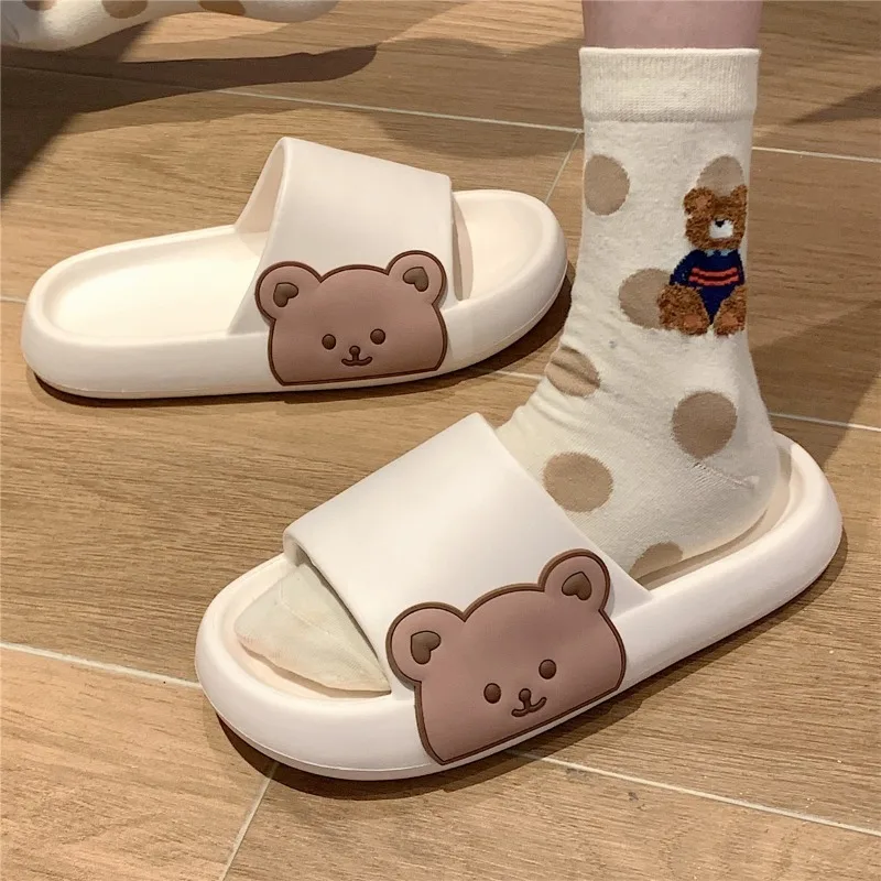 2024 Summer Women's Slippers Beach Home Cartoon Bear Character Slippers Unisex Thick Sole Indoor Bathroom Anti Slip Shoes Couple