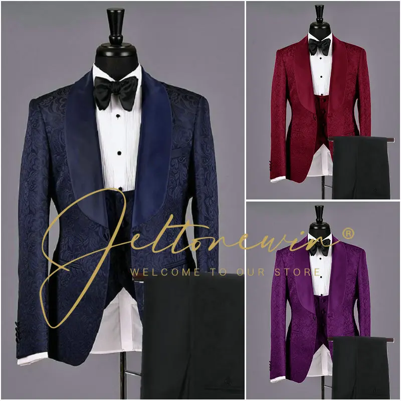 

2023 темно-синий жаккардовый Индивидуальный Женский блейзер для официального ужина, мужское платье из 3 предметов, смокинг для жениха, блейзер для лучшего мужчины