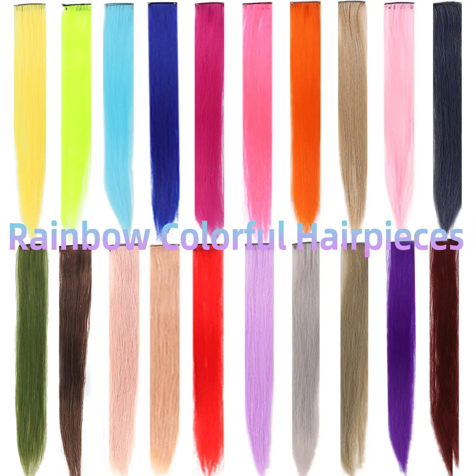 Colored Highlight 22 Inch Synthetic Hair Extensions Rainbow Long Straight Hairpieces for Women Kids Girls Purple Pink Blue