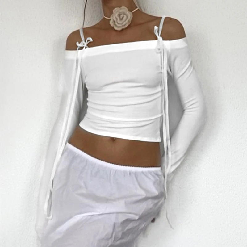 Women Off Shoulder Long Sleeve T Shirts Autumn Y2K Elegant White Crop Tops Skinny Strapless Casual Basic Tees Bow