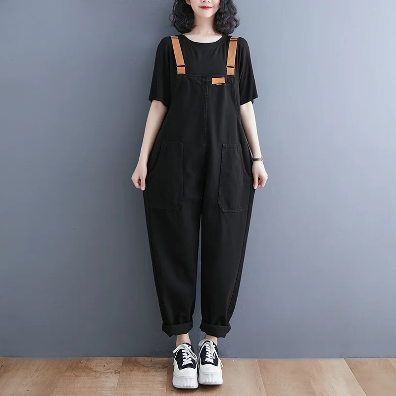 #2377 Black Cargo Denim Jumpsuits Women Loose Pencil Harem Denim Overalls Female Korean Style Jeans Rompers Womens Pockets 
