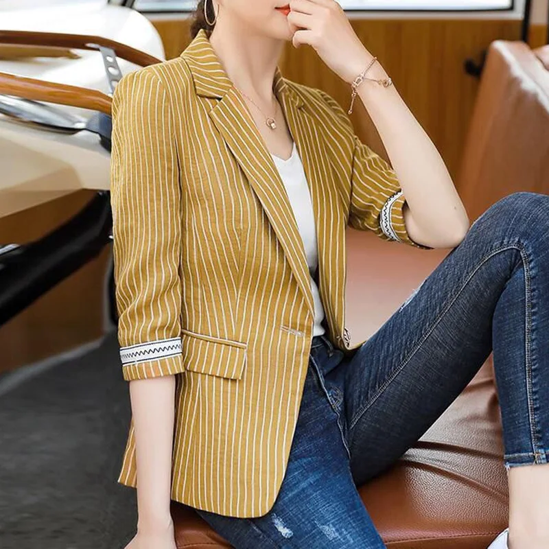 2023 New Spring and Autumn Fashion Elegant and Elegant Commuting Simple Stripe Slim Fit Medium Sleeve Women's Small Suit Coat