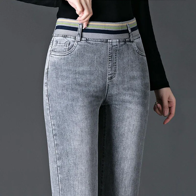 Streetwear Fashion Women High Waist Jeans Korean Spring Autumn New Grey Pants Elastic Band Pockets Casual Straight Trousers 2023