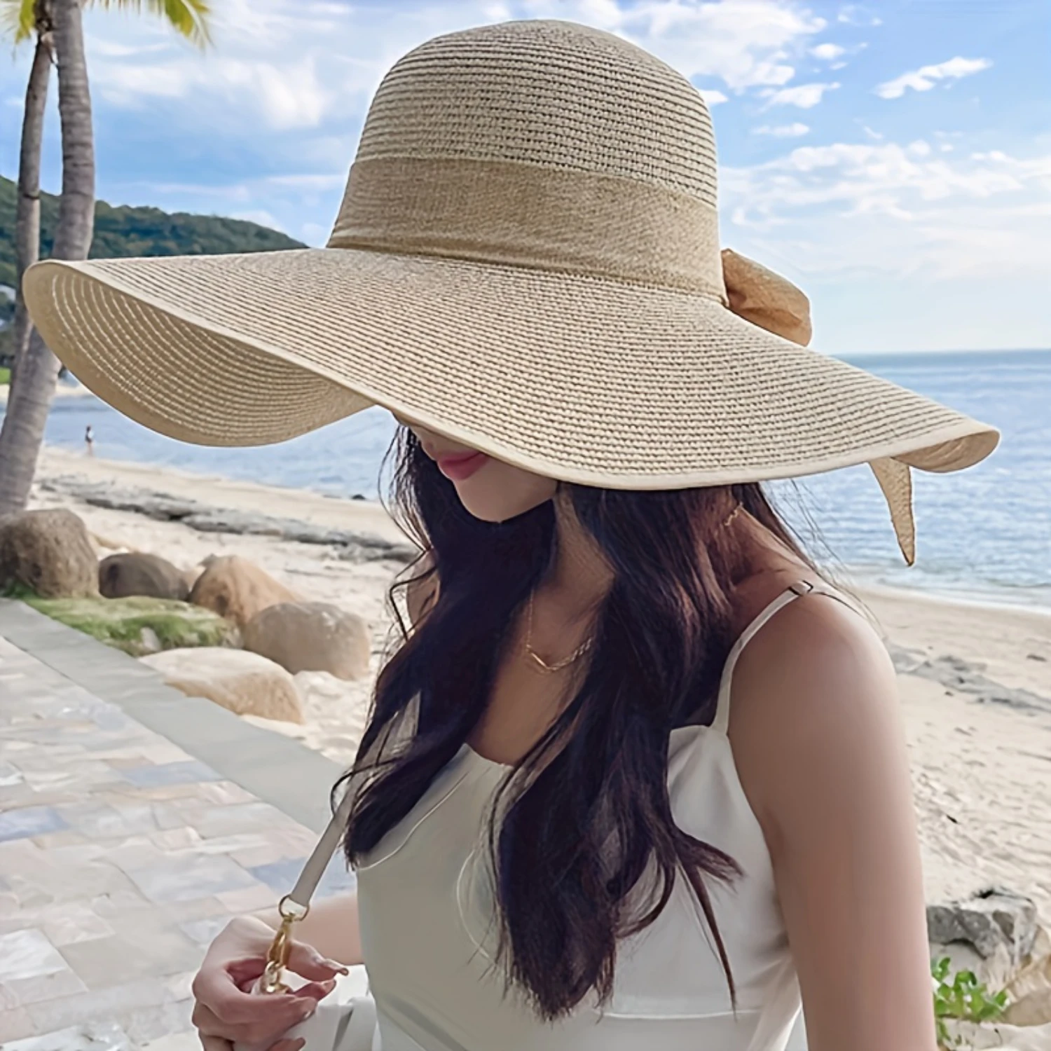 Women's Wide Brim Straw Hat, Foldable Summer UV Beach Hats With Bowknot, Flexible Dome Hat For Outdoor Use