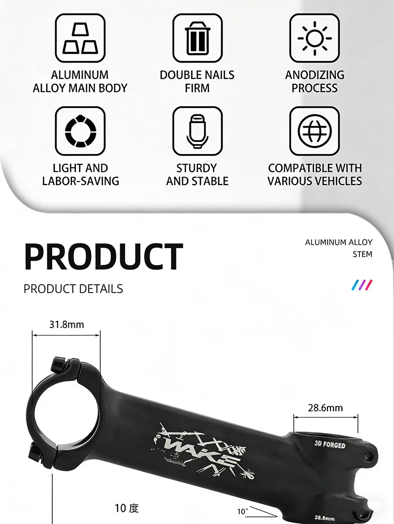 WAKE Fahrrad-Langvorbau 120MM 130MM 3D Geschmiedeter Lenkervorbau 10/17 Grad Ultraleichter Hohl-MTB-Vorbau – Detail 2