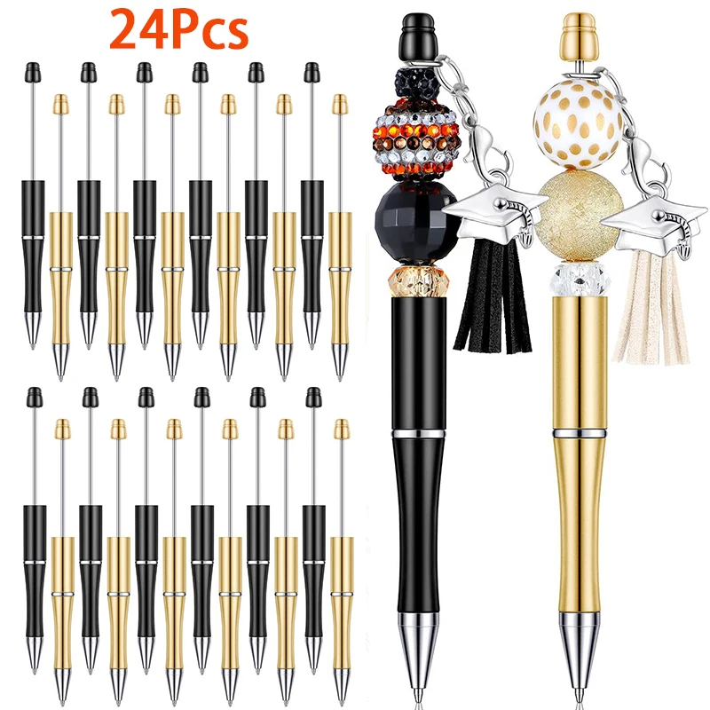 24Pcs Plastic Beadable Pen Bead Ballpoint Pen Bead Pen Black Ink Rollerball Pen for Kids Students Office School Supplies