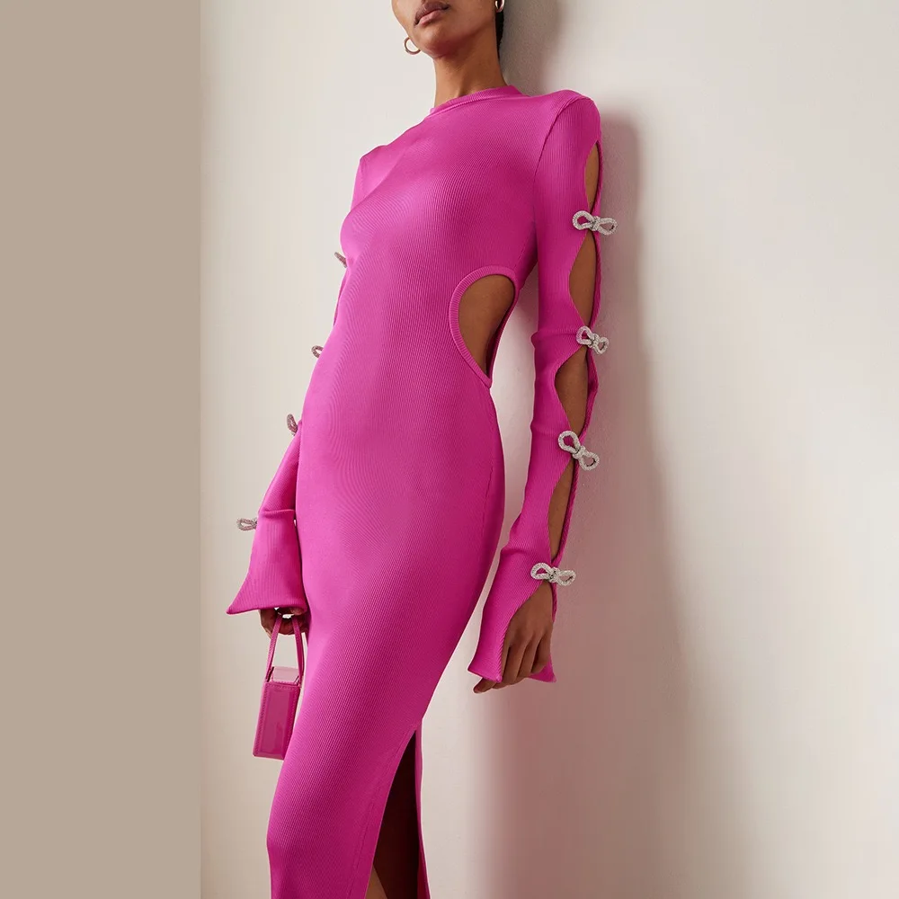 

Women Dress Rose Red Long Sleeve Cut-Out Side-Split Dress