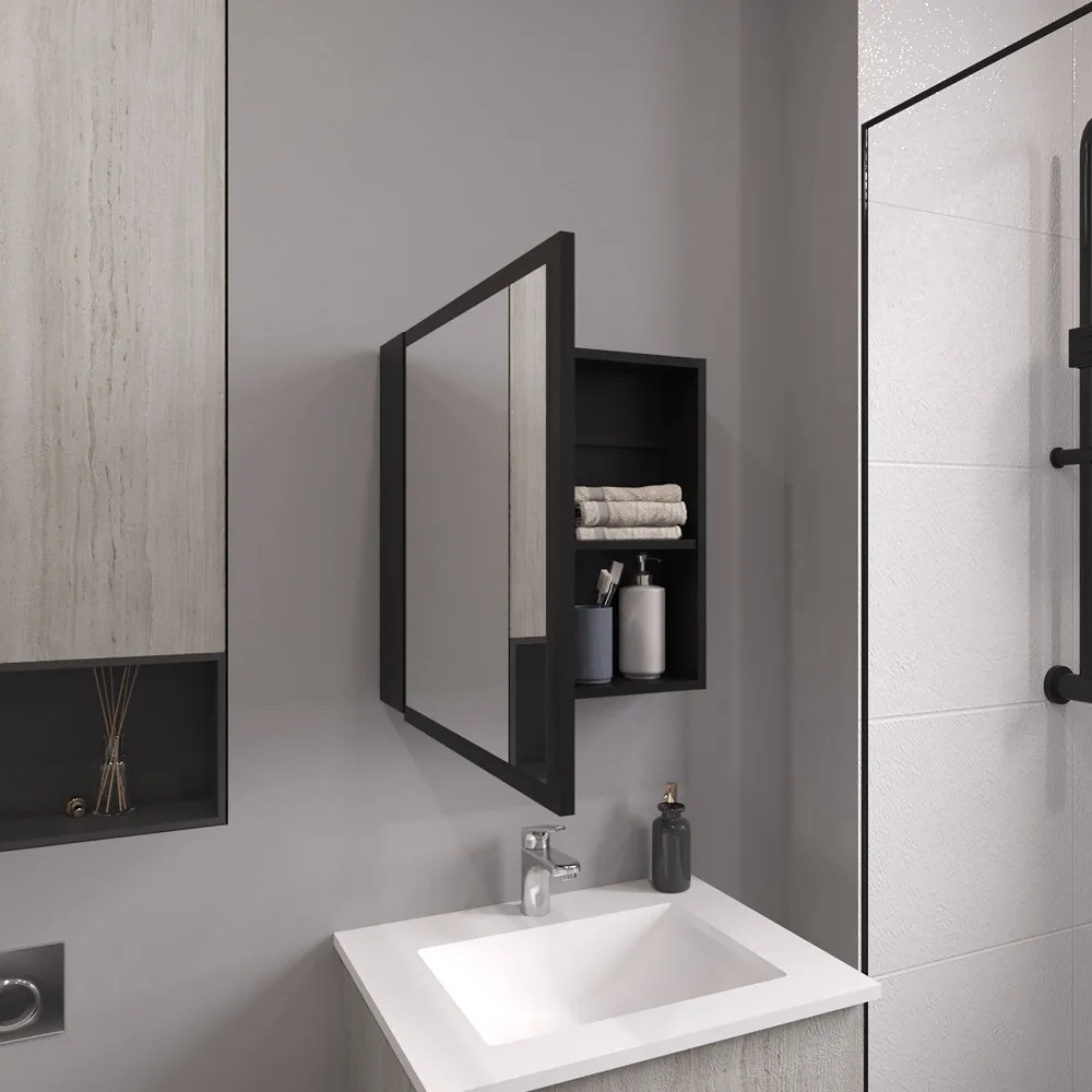 Duma 21.1" H x 19.7" W Mirror Medicine Cabinet, One door with Four interior Shelves for Bathroom, Kitchen Black 2