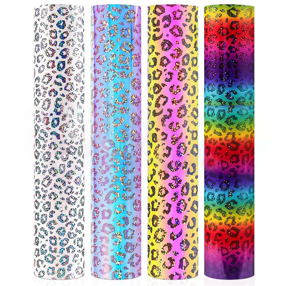 4Pcs 12x10in Bundle Holographic/Rainbow Leopard Adhesive Carft Vinyl Sheets Cut Film DIY Handmade Festival Birthday Card Gift