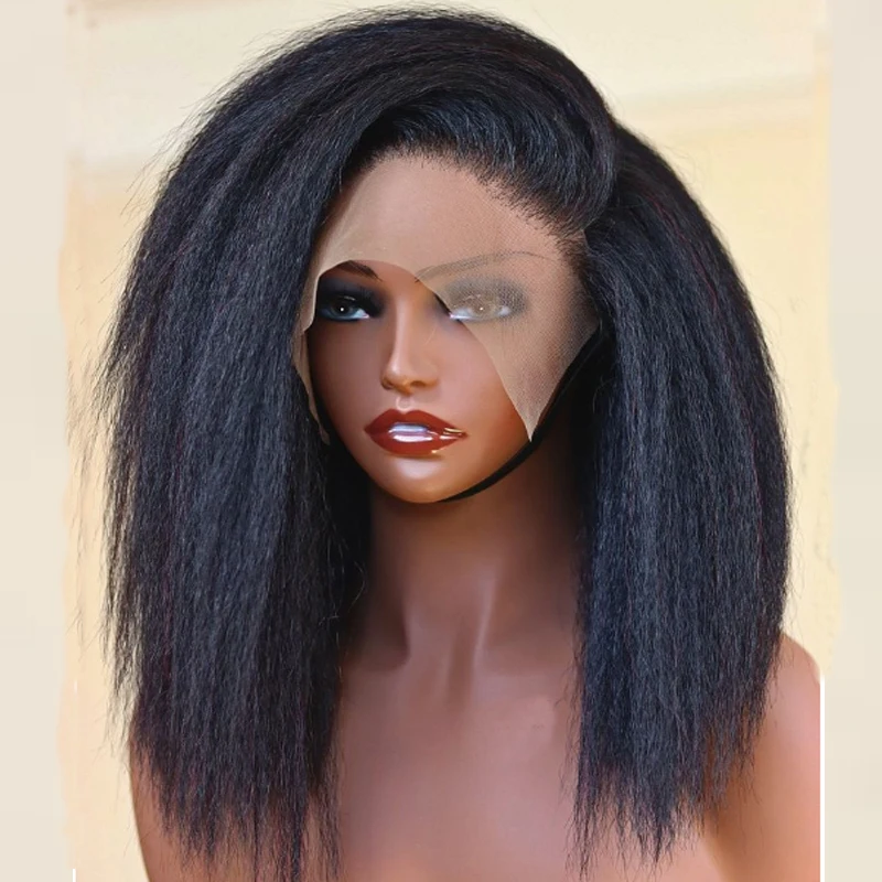 Soft Yaki Preplucked Side/Middle Part Black Color Short 16Inch 180Density Kinky Straight 13x4 Lace Front Wig Synthetic