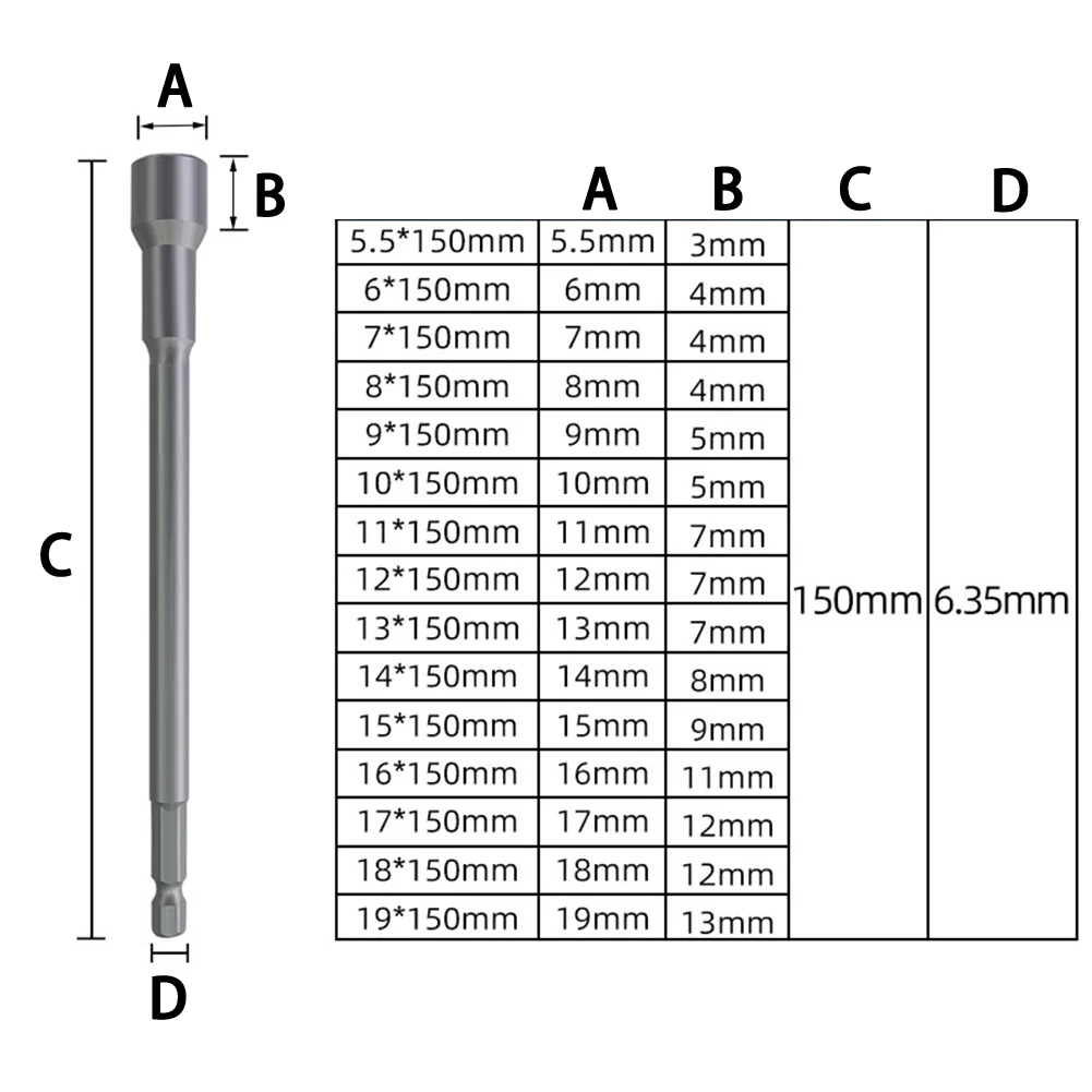150mm di lunghezza 6mm-19mm vite metrica Driver Tool Set adattatore punta da trapano da 5 a 13mm codolo esagonale dado esagonale strumento a vite