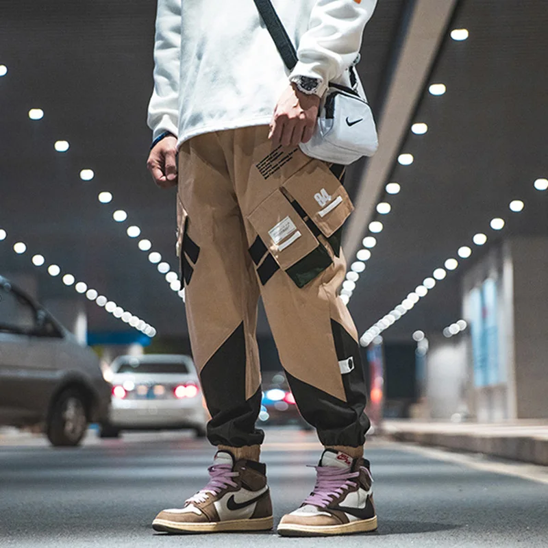 Fashion Hip Hop Cargo Pants Men Outdoor Casual Wide Leg Pants Harajuku Style Drawstring Trousers Patchwork Pockets Decoration men's khakis Casual Pants