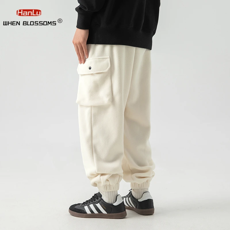 Fleece Pants For Men\'s Autumn Winter 2023 New Large Pocket Design Trousers Joggers Trendy Brand Loose Sports Casual Cargo Pants