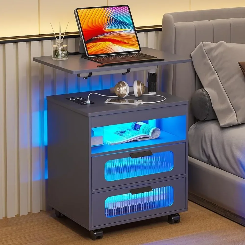 

Nightstand with Wireless Charging Station, LED Has Adjustable Rotary Workstation,Night Stand with 2 Drawers,Modern Bedside Table