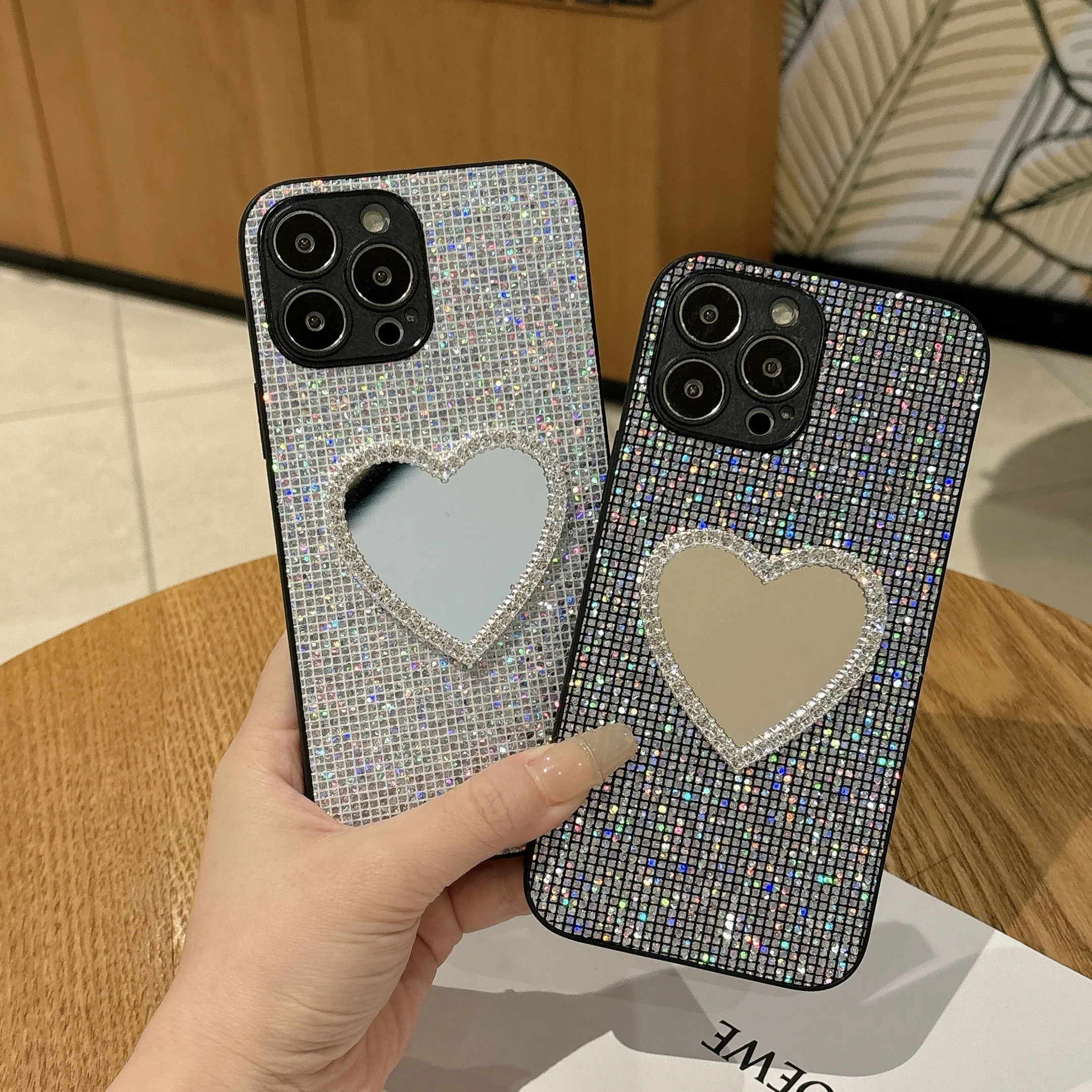 Luxury Mirror Glitter Shiny Grid Leather Phone Case with Soft Back Cover